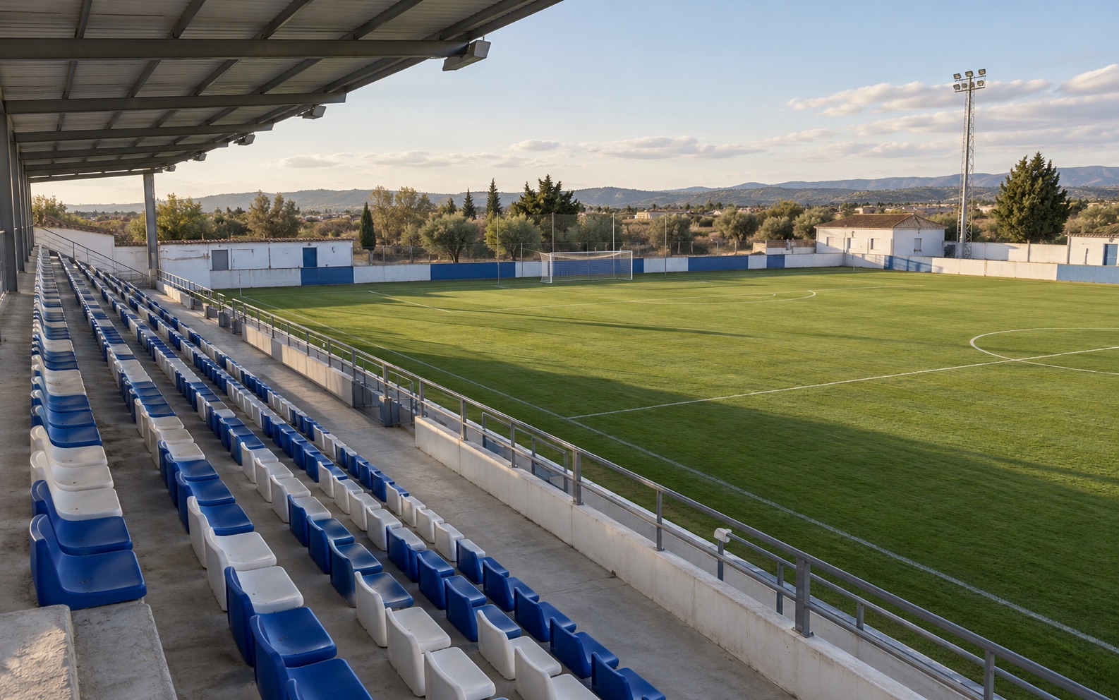 Visualización de un campo de fútbol con grada azul y blanca
